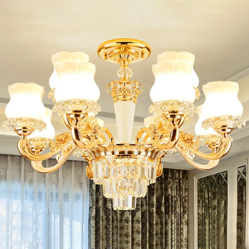 Contemporary Gold Bud Drop Lamp: Milky Glass Chandelier for Dining Room