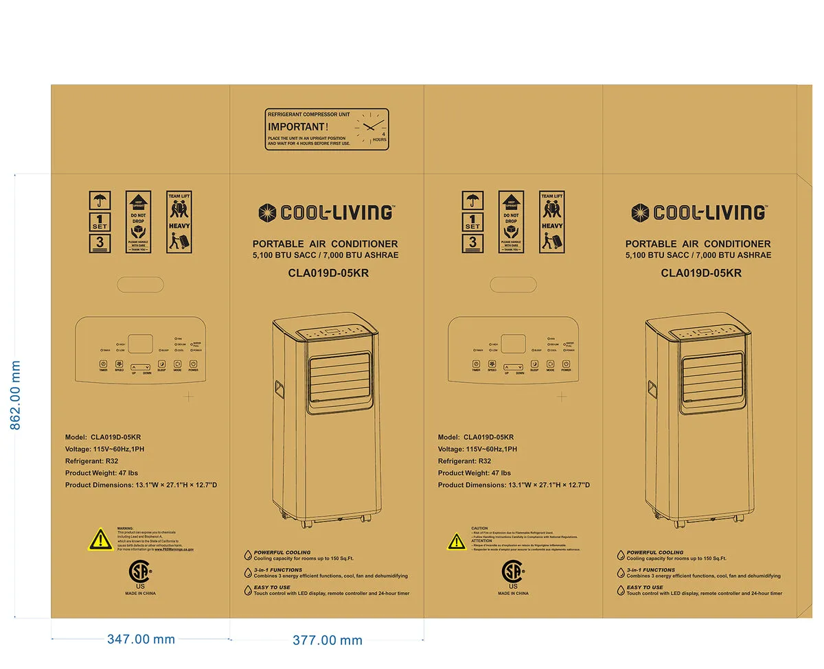 Cool-Living 5100 BTU SACC 7000 BTU ASHRAE Portable Air Conditioner