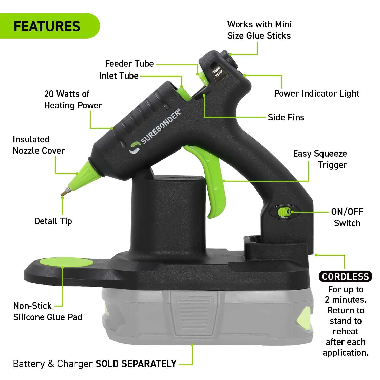 Cordless Battery Powered High Temperature Mini Hot Glue Gun With Detail Tip, 20 Watt (Battery and Charger Not Included)