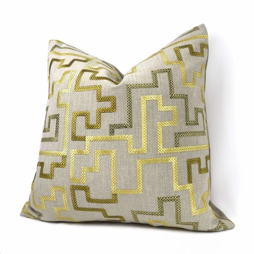 Cypher Metallic Gold Beige Embroidered Maze Linen Pillow Cover (Fabric by the Yard available)