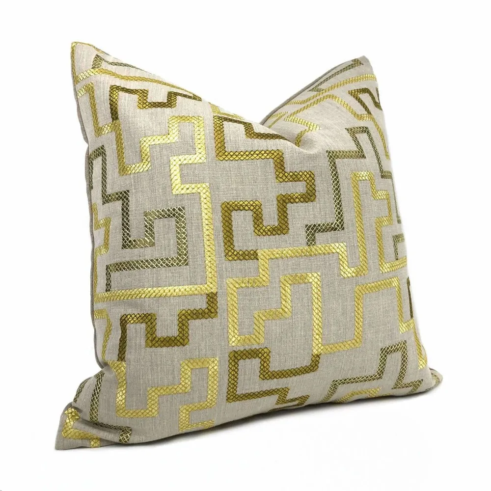 Cypher Metallic Gold Beige Embroidered Maze Linen Pillow Cover (Fabric by the Yard available)