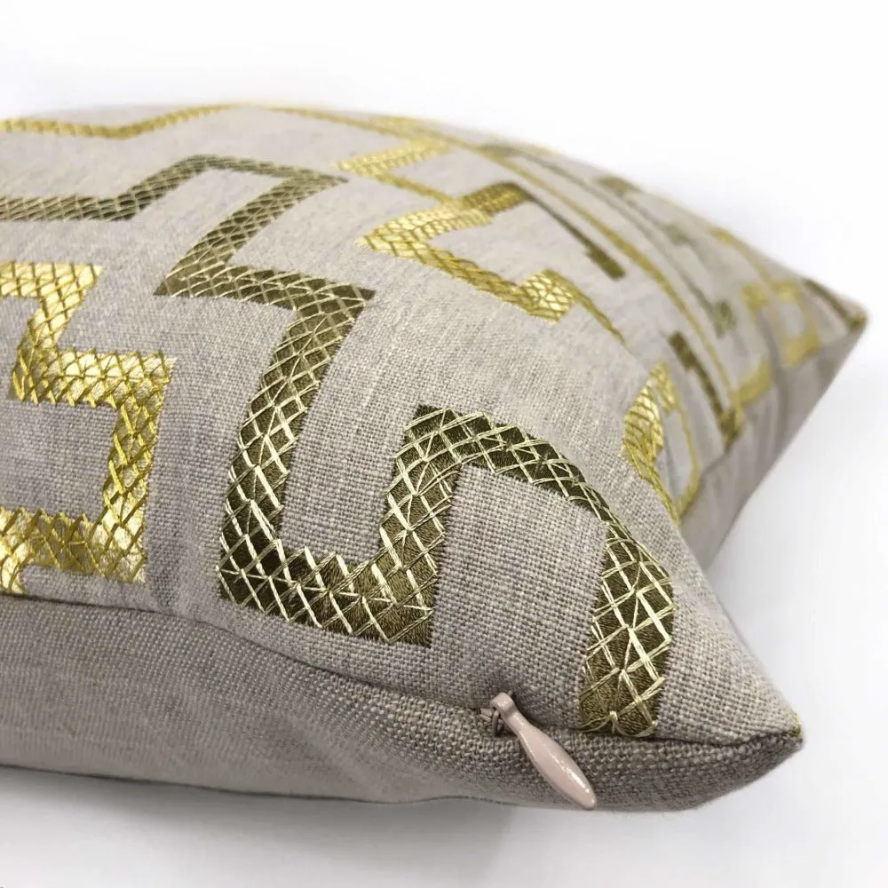 Cypher Metallic Gold Beige Embroidered Maze Linen Pillow Cover (Fabric by the Yard available)