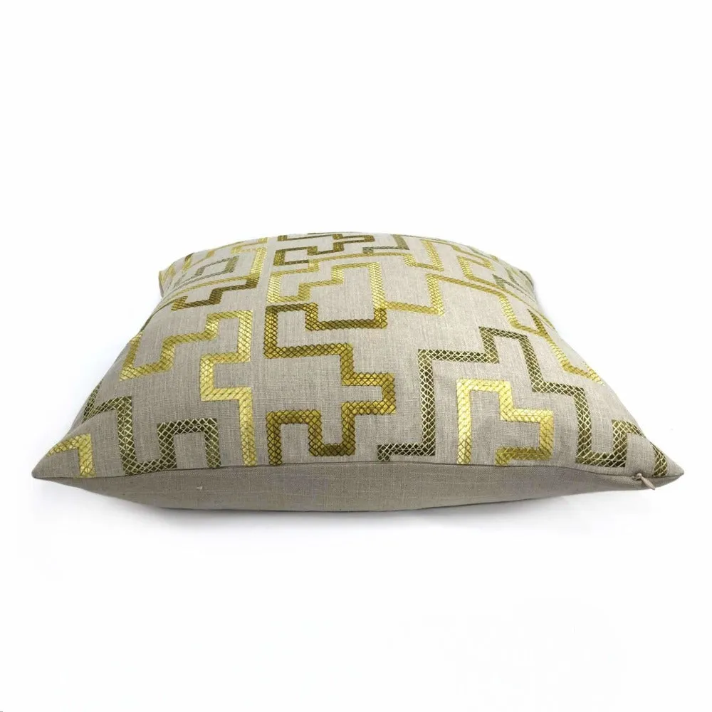 Cypher Metallic Gold Beige Embroidered Maze Linen Pillow Cover (Fabric by the Yard available)