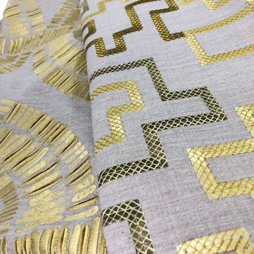 Cypher Metallic Gold Beige Embroidered Maze Linen Pillow Cover (Fabric by the Yard available)