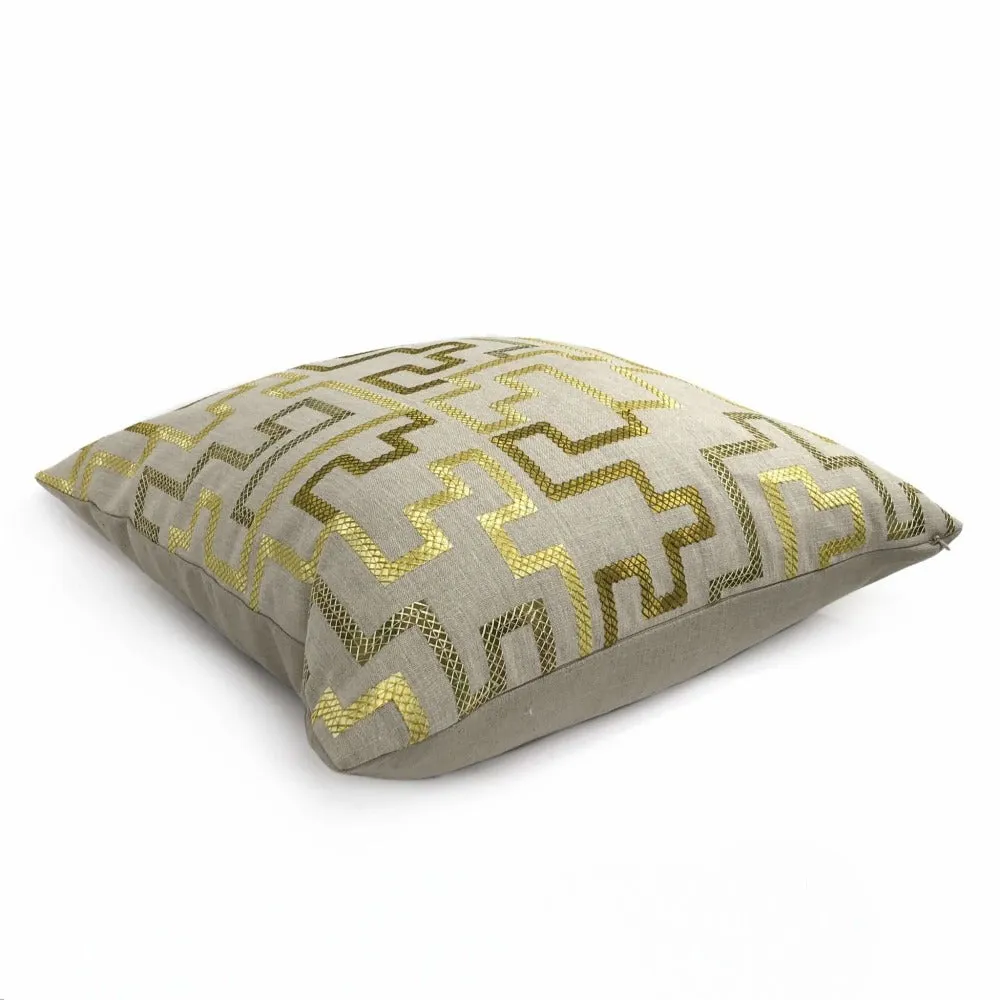 Cypher Metallic Gold Beige Embroidered Maze Linen Pillow Cover (Fabric by the Yard available)