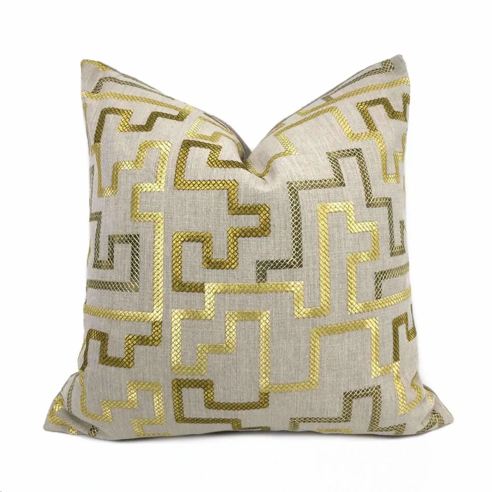 Cypher Metallic Gold Beige Embroidered Maze Linen Pillow Cover (Fabric by the Yard available)