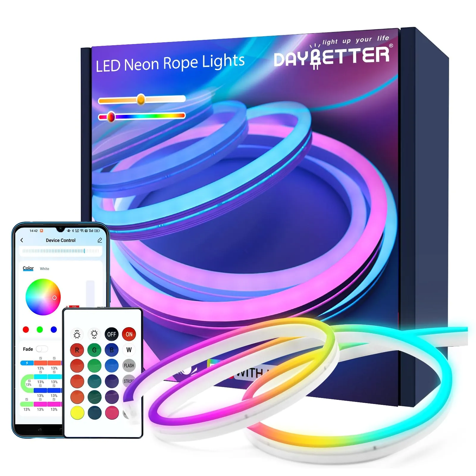 DAYBETTER LED Neon Rope Lights,16.4FT Neon Strip Lights with Bluetooth App Remote Control,IP67 Waterproof Flexible DIY Design, Music Sync, Cuttable Rope Lights for Bedroom Gaming Indoor Outdoor Decor