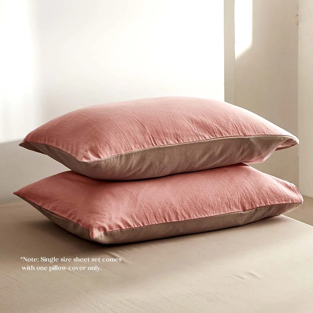 Deluxe Washed Cotton Sheet Set Pink Brown Single