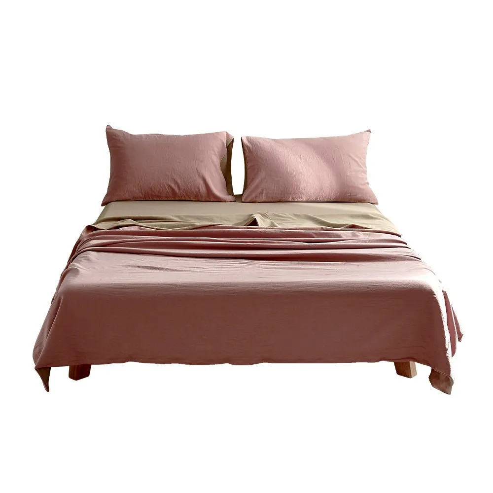 Deluxe Washed Cotton Sheet Set Pink Brown Single