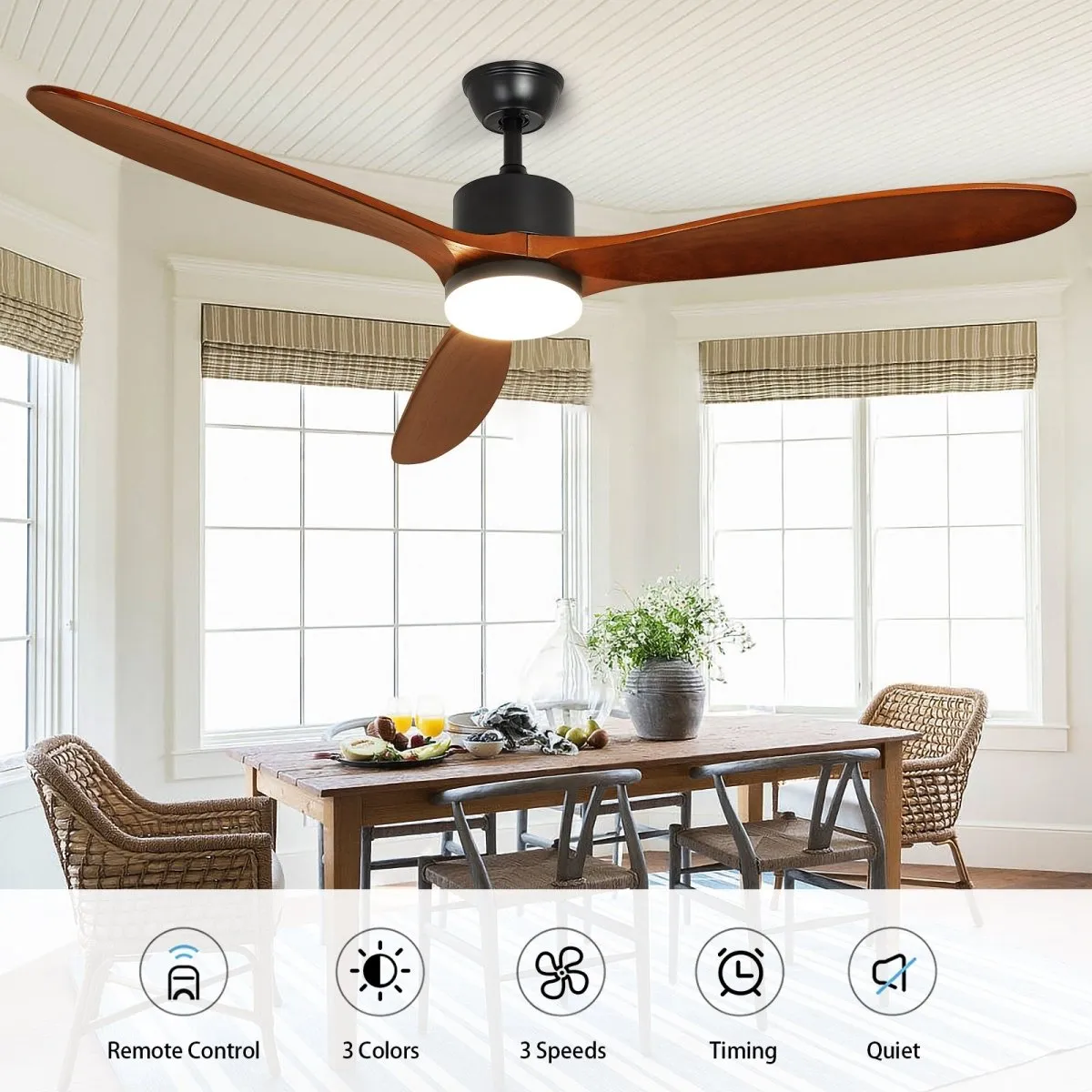 Depuley 60" Ceiling Fan with Light,Indoor Outdoor Wood Ceiling Fan with Remote, Low Profile Fan with 3 Rubber Wood Blades, Noiseless AC Motor Ceiling Fans for Living Room Bedroom Porch, 1/2/4/8 Timer