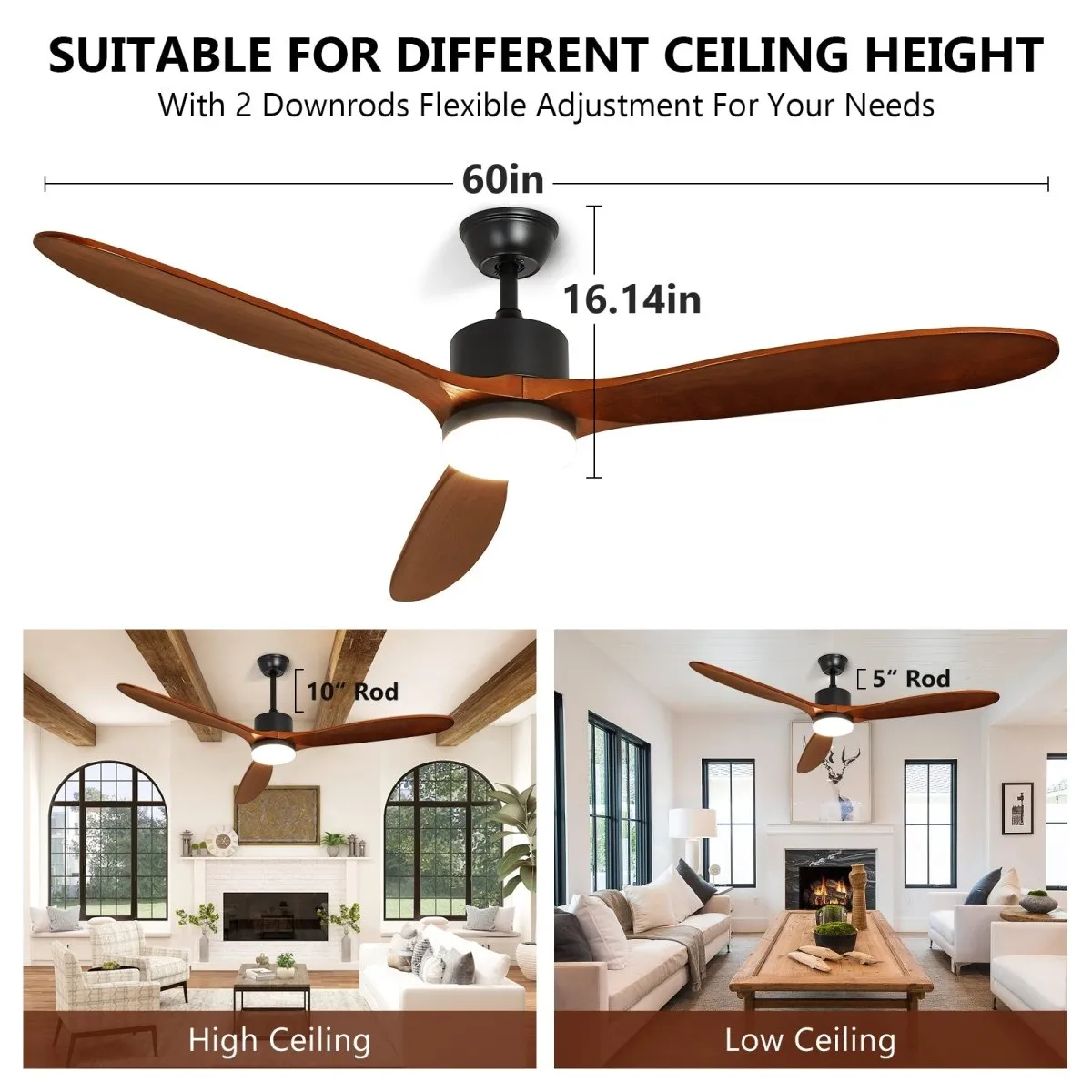 Depuley 60" Ceiling Fan with Light,Indoor Outdoor Wood Ceiling Fan with Remote, Low Profile Fan with 3 Rubber Wood Blades, Noiseless AC Motor Ceiling Fans for Living Room Bedroom Porch, 1/2/4/8 Timer