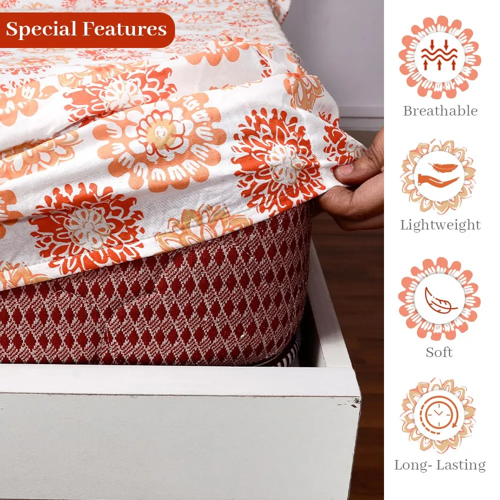 Divine Casa 144 TC 100% Cotton Elastic Fitted Printed Double Bed Bedsheet with 2 Pillow Cover(60"x78", Blazing Orange)