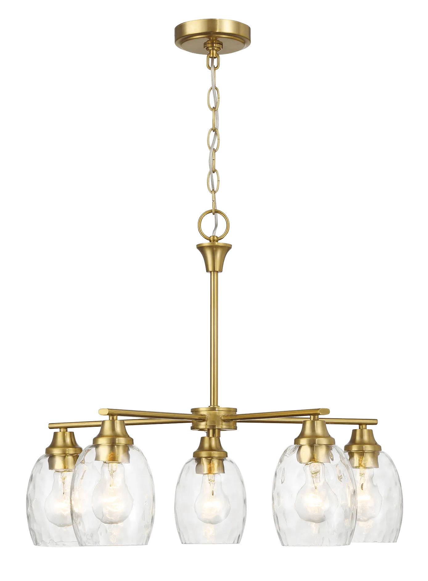 Elegance Five Lights Linear Arms with Golden Brass Finish Chain Chandelier 24"W × 8.5"H with Clear Water Glass