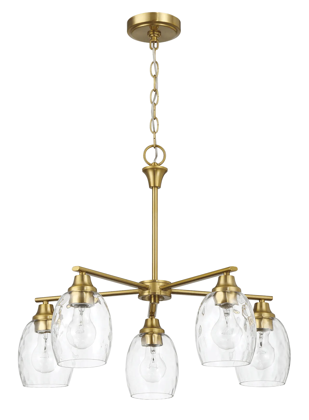 Elegance Five Lights Linear Arms with Golden Brass Finish Chain Chandelier 24"W × 8.5"H with Clear Water Glass