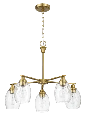 Elegance Five Lights Linear Arms with Golden Brass Finish Chain Chandelier 24"W × 8.5"H with Clear Water Glass