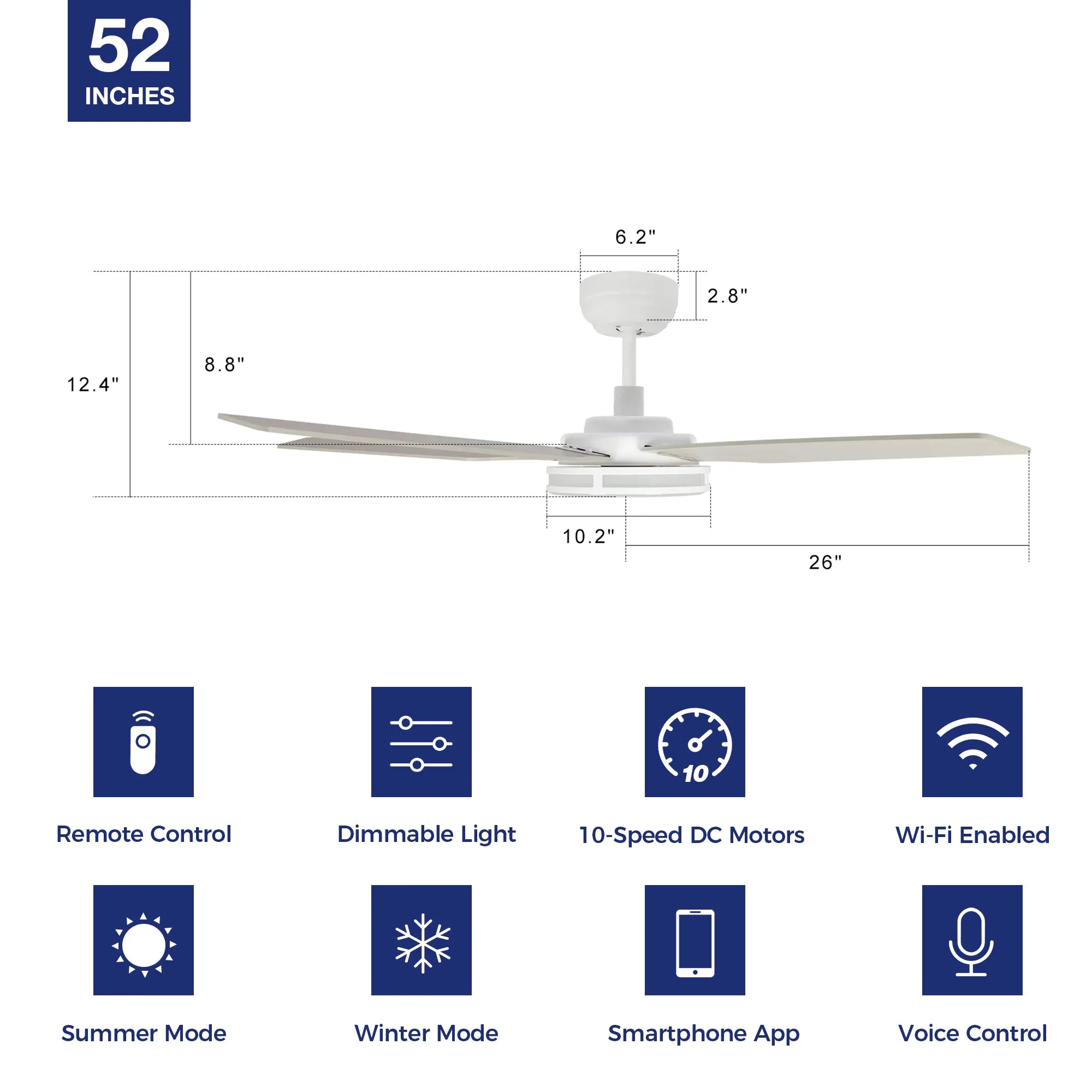 Explorer Smart Fan with LED Light and Remote Outdoor/Indoor 52 inch