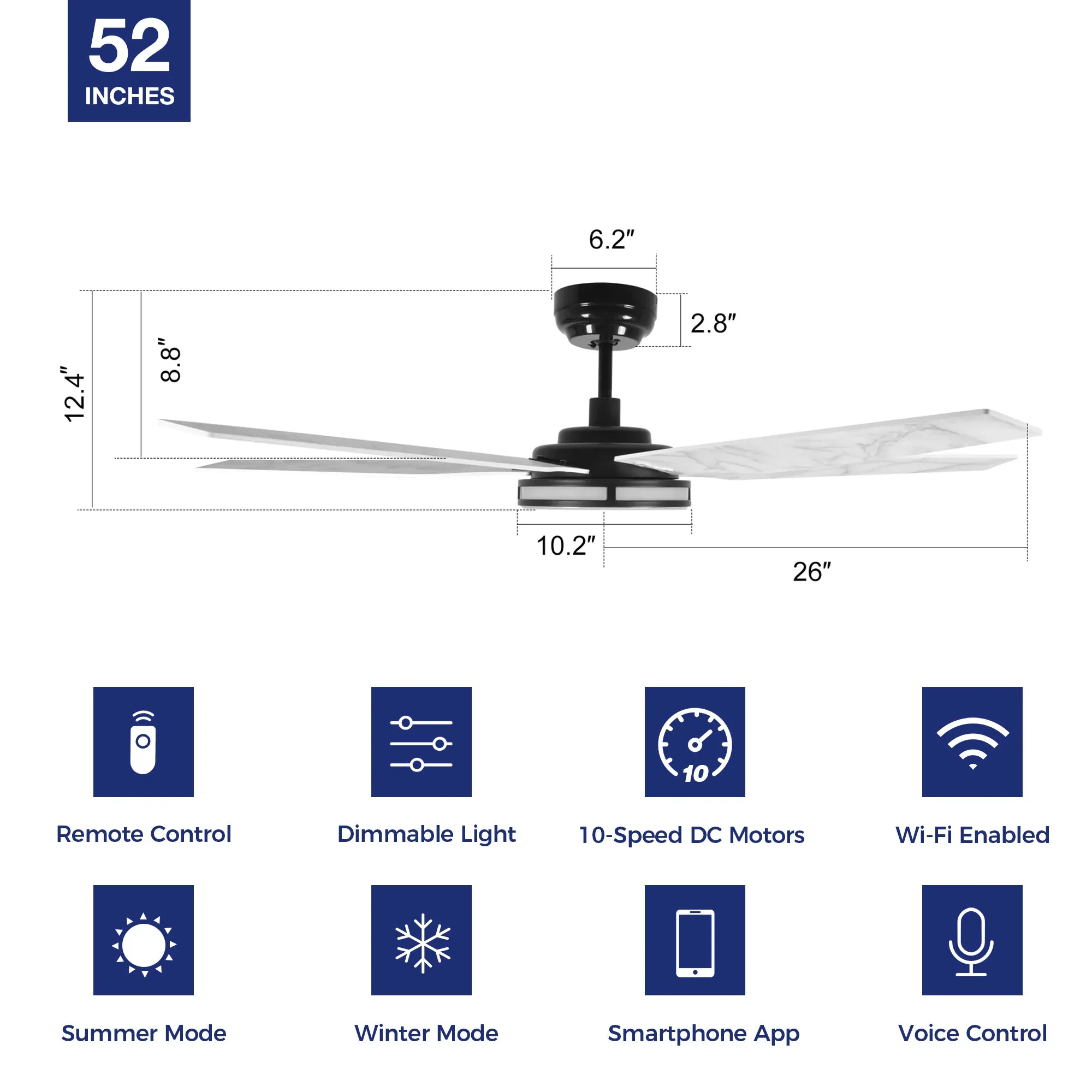 Explorer Smart Fan with LED Light and Remote Outdoor/Indoor 52 inch