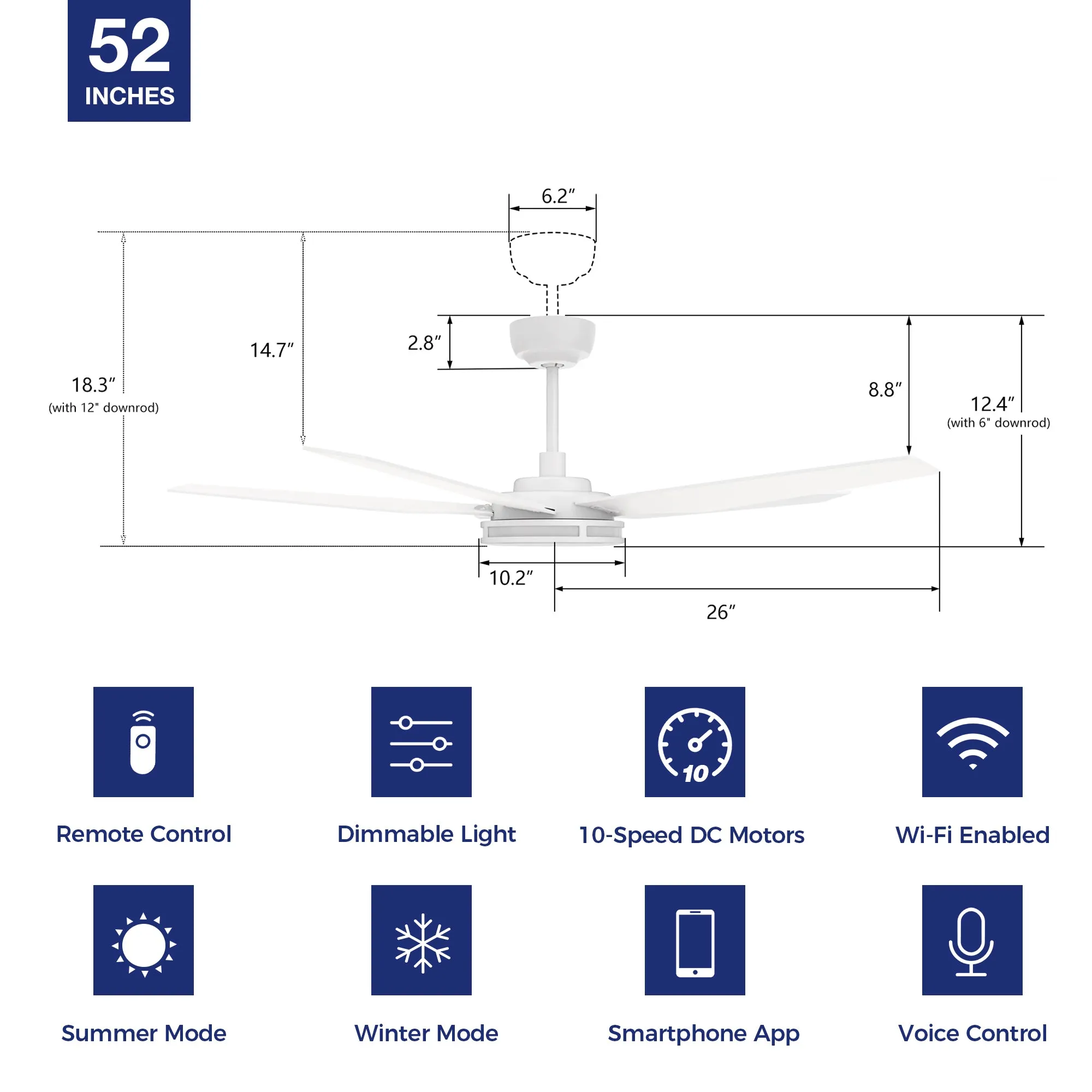 Explorer Smart Fan with LED Light and Remote Outdoor/Indoor 52 inch