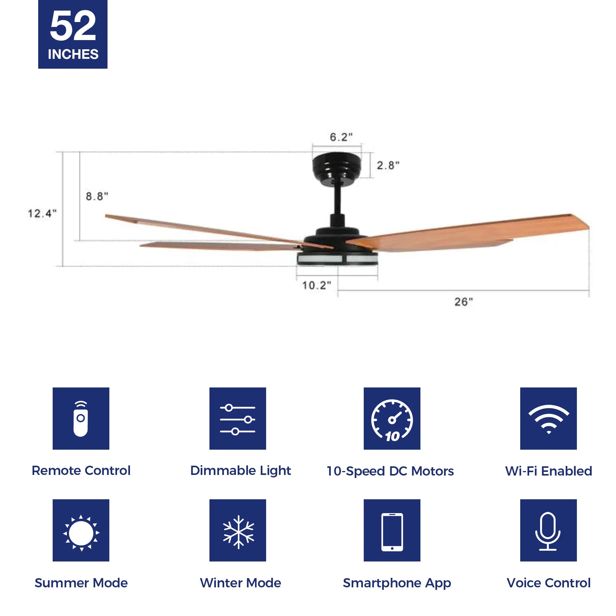 Explorer Smart Fan with LED Light and Remote Outdoor/Indoor 52 inch