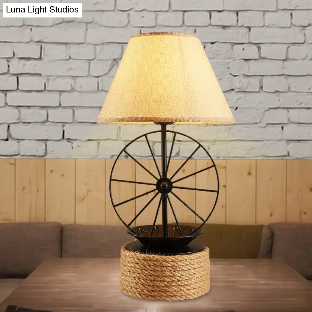 Factory Style Black Table Lamp with Wheel Deco - 1-Light Fabric Conic Desk Lighting for Dining Room