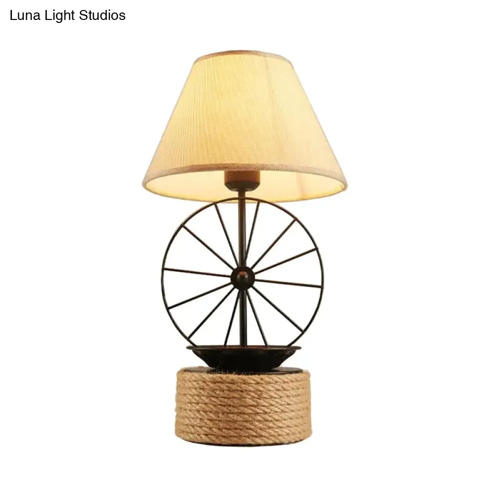 Factory Style Black Table Lamp with Wheel Deco - 1-Light Fabric Conic Desk Lighting for Dining Room