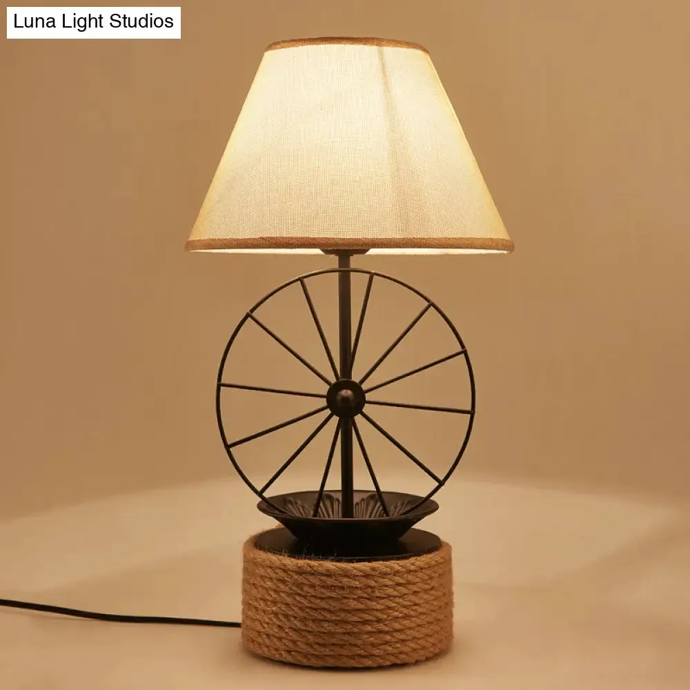 Factory Style Black Table Lamp with Wheel Deco - 1-Light Fabric Conic Desk Lighting for Dining Room