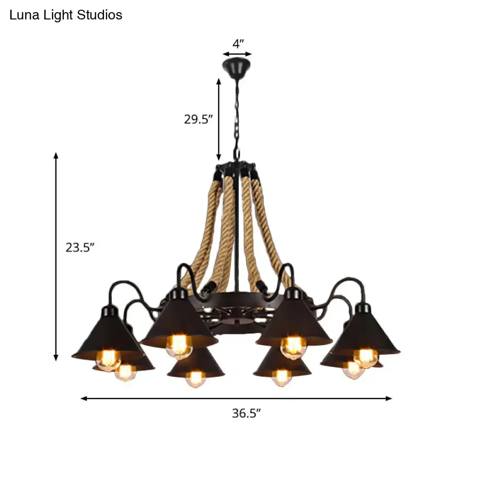 Farmhouse Metallic Cone Chandelier Lamp - 6/8 Lights Pendant Lighting with Rope Detail, Black