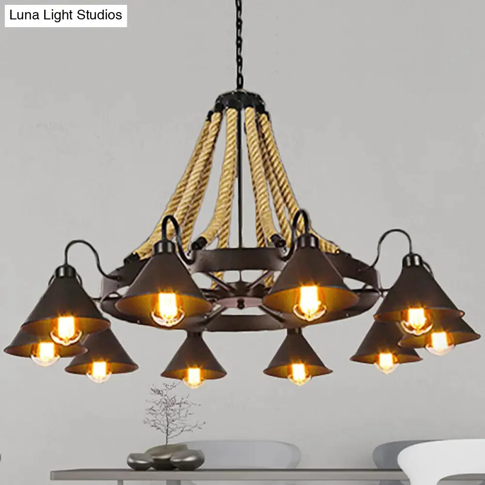 Farmhouse Metallic Cone Chandelier Lamp - 6/8 Lights Pendant Lighting with Rope Detail, Black