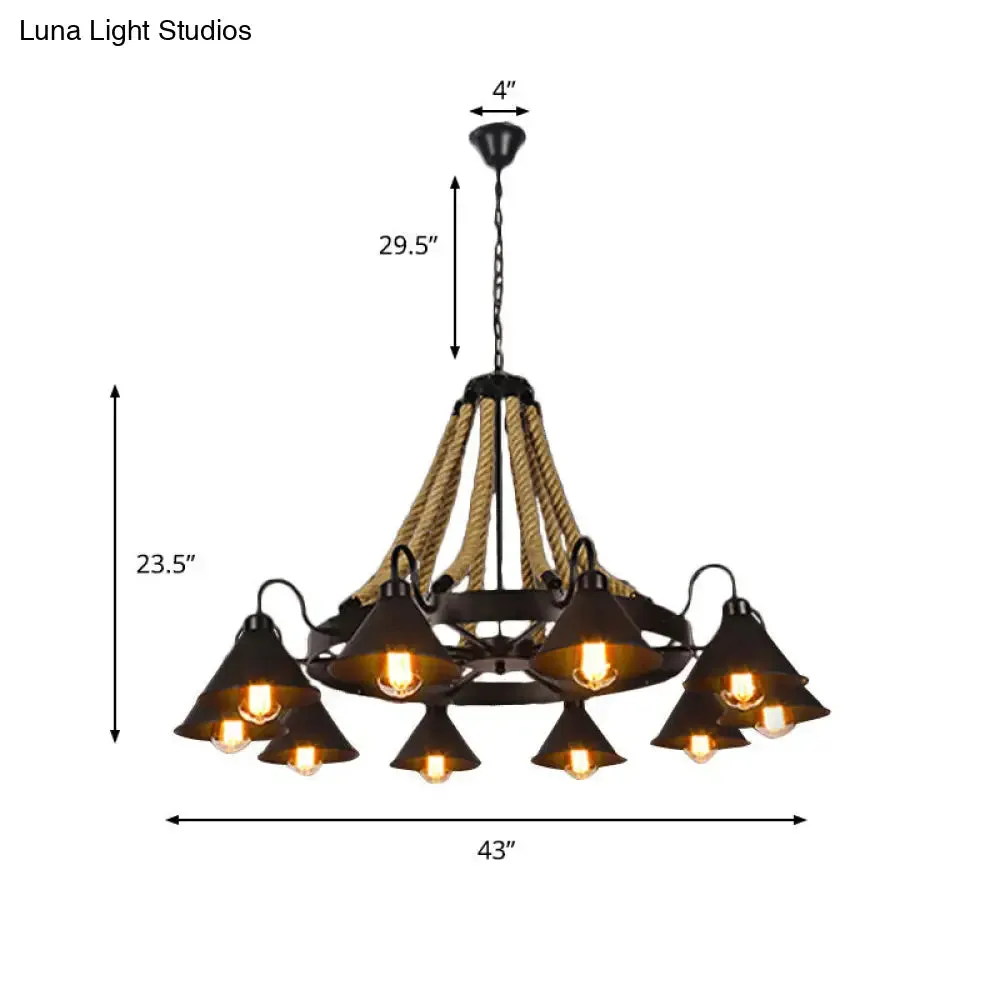 Farmhouse Metallic Cone Chandelier Lamp - 6/8 Lights Pendant Lighting with Rope Detail, Black