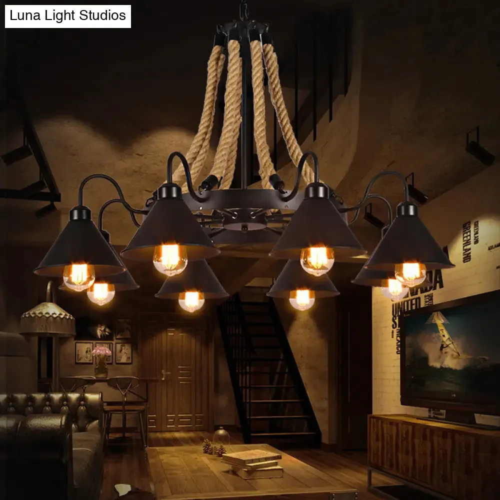 Farmhouse Metallic Cone Chandelier Lamp - 6/8 Lights Pendant Lighting with Rope Detail, Black