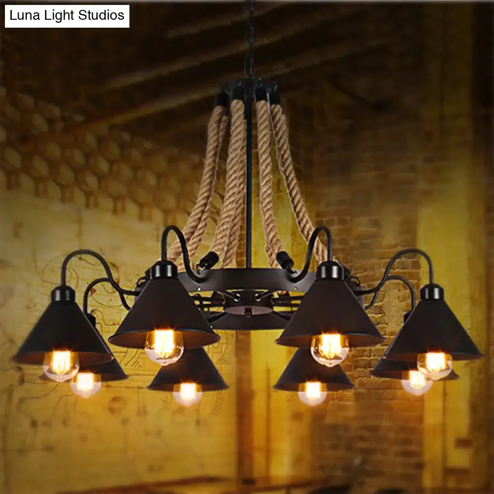 Farmhouse Metallic Cone Chandelier Lamp - 6/8 Lights Pendant Lighting with Rope Detail, Black