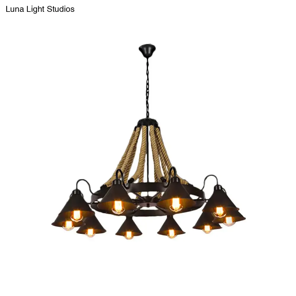 Farmhouse Metallic Cone Chandelier Lamp - 6/8 Lights Pendant Lighting with Rope Detail, Black