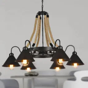 Farmhouse Metallic Cone Chandelier Lamp - 6/8 Lights Pendant Lighting with Rope Detail, Black