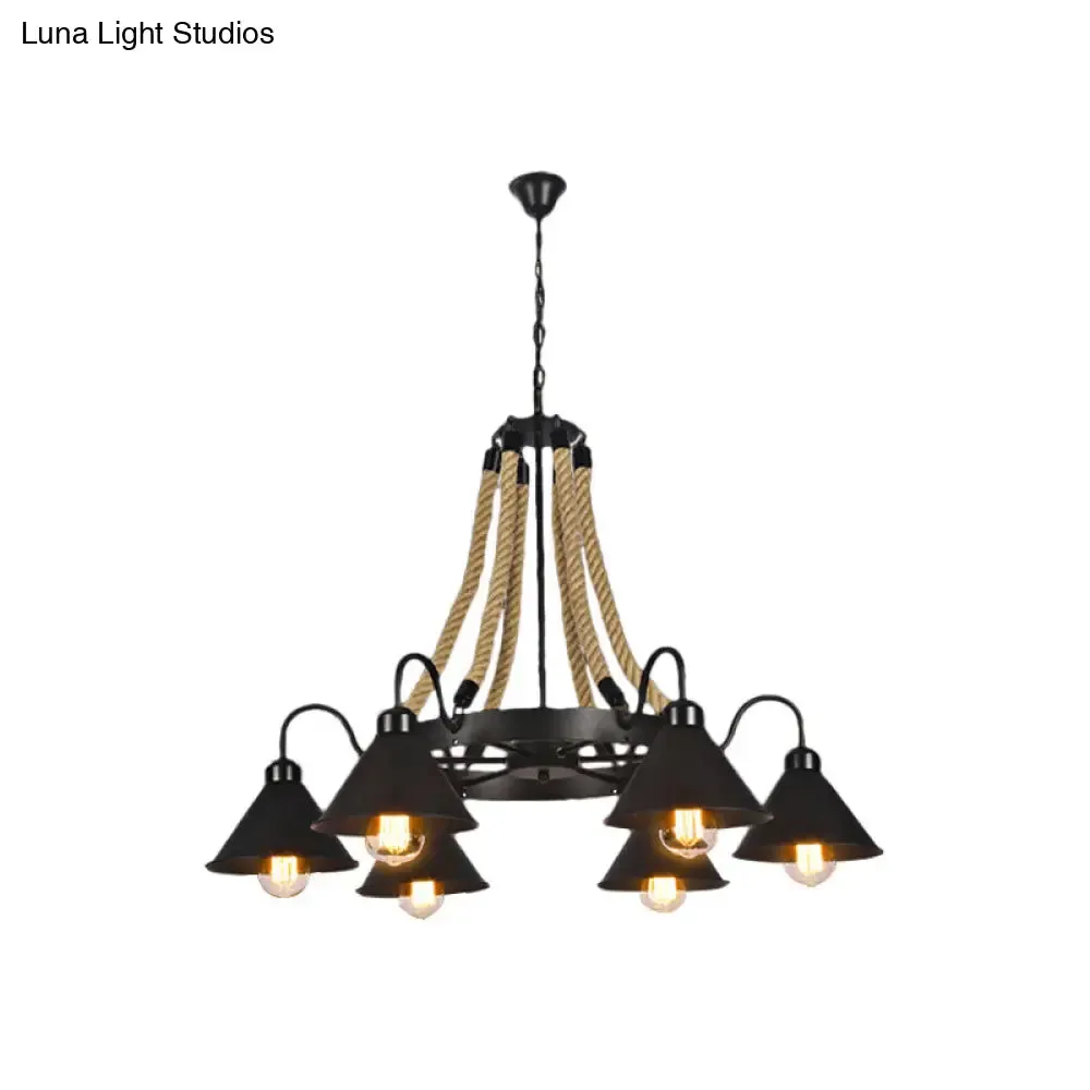 Farmhouse Metallic Cone Chandelier Lamp - 6/8 Lights Pendant Lighting with Rope Detail, Black