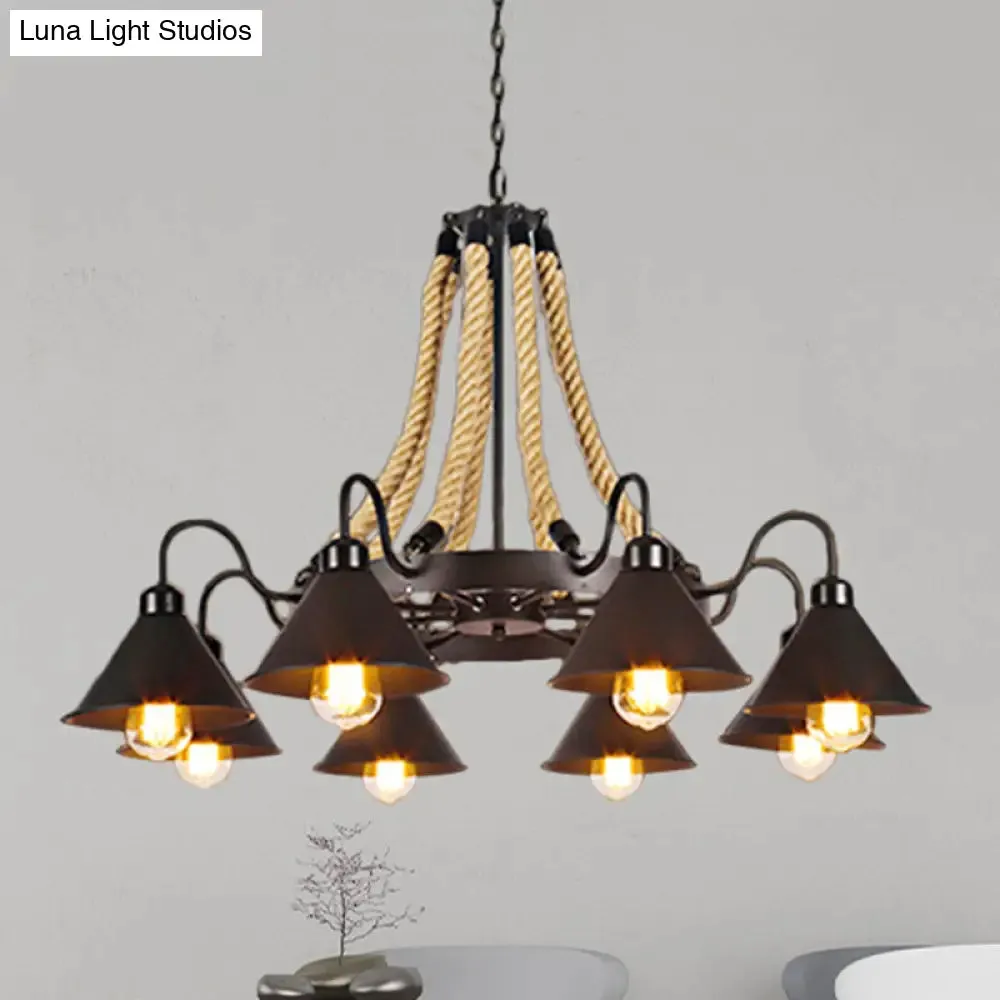 Farmhouse Metallic Cone Chandelier Lamp - 6/8 Lights Pendant Lighting with Rope Detail, Black