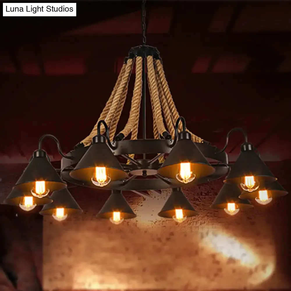 Farmhouse Metallic Cone Chandelier Lamp - 6/8 Lights Pendant Lighting with Rope Detail, Black