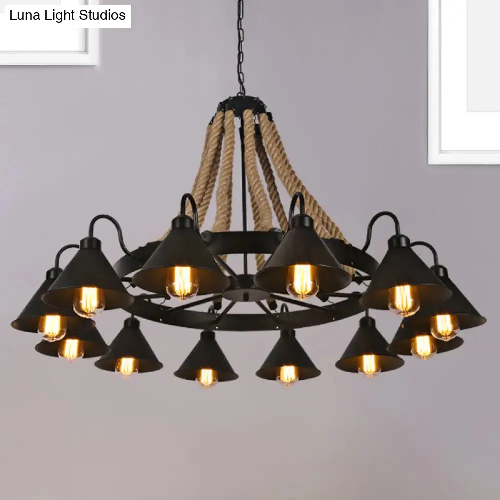 Farmhouse Metallic Cone Chandelier Lamp - 6/8 Lights Pendant Lighting with Rope Detail, Black