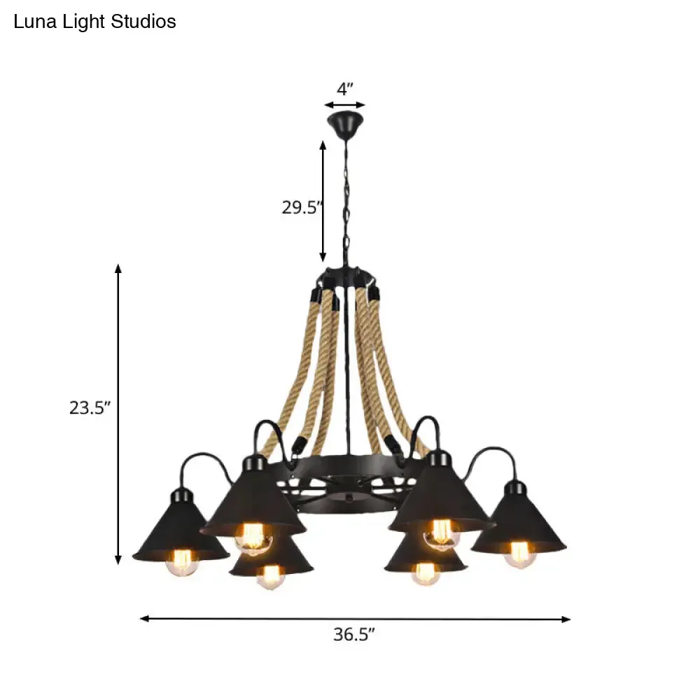 Farmhouse Metallic Cone Chandelier Lamp - 6/8 Lights Pendant Lighting with Rope Detail, Black