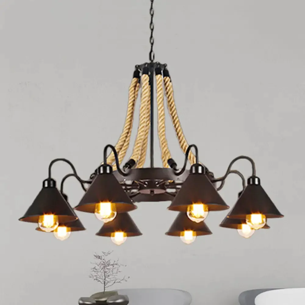 Farmhouse Metallic Cone Chandelier Lamp - 6/8 Lights Pendant Lighting with Rope Detail, Black