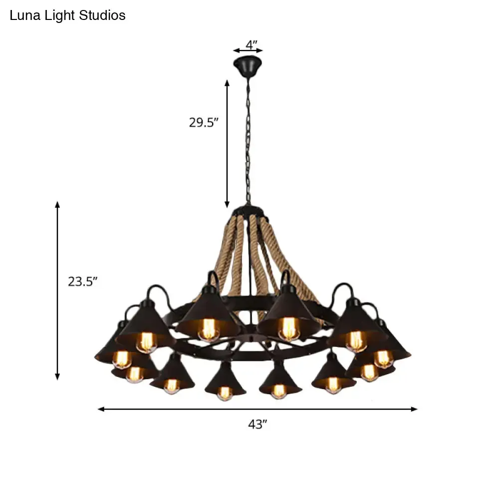 Farmhouse Metallic Cone Chandelier Lamp - 6/8 Lights Pendant Lighting with Rope Detail, Black