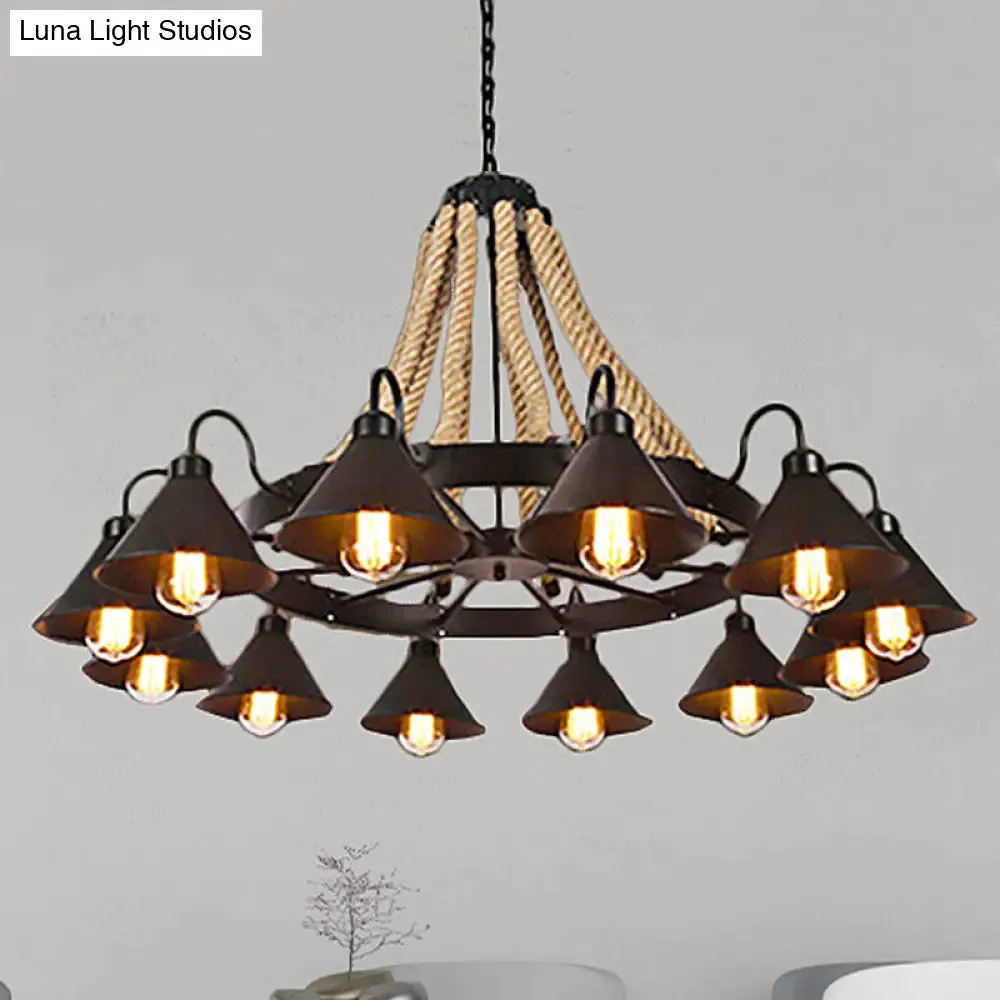 Farmhouse Metallic Cone Chandelier Lamp - 6/8 Lights Pendant Lighting with Rope Detail, Black