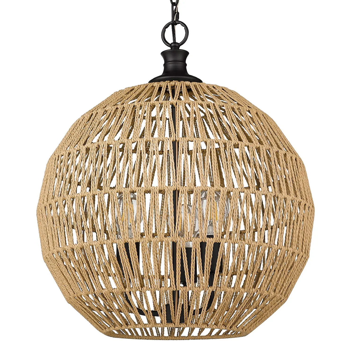 Florence 3-Light Pendant in Matte Black with Natural Raphia Rope