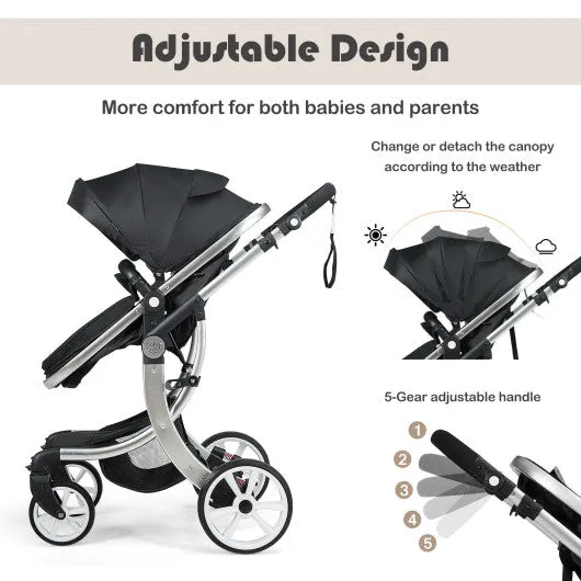 Folding Aluminum Infant Reversible Stroller with Diaper Bag-Black