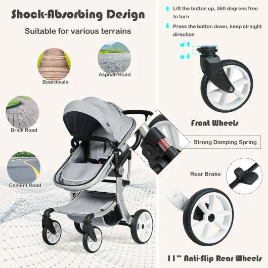 Folding Aluminum Infant Reversible Stroller with Diaper Bag-Gray