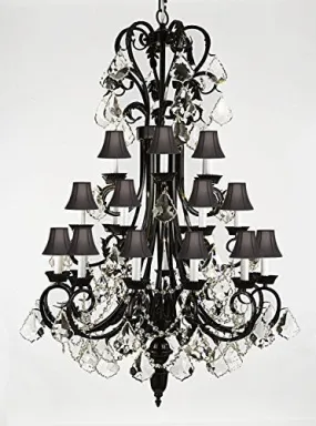 Foyer / Entryway Wrought Iron Chandelier 50" Inches Tall With Crystal And With Black Shades H50" X W30" Trimmed With Spectra (Tm) Crystal - Reliable Crystal Quality By Swarovski - A84-B12/Blackshades/724/24Sw