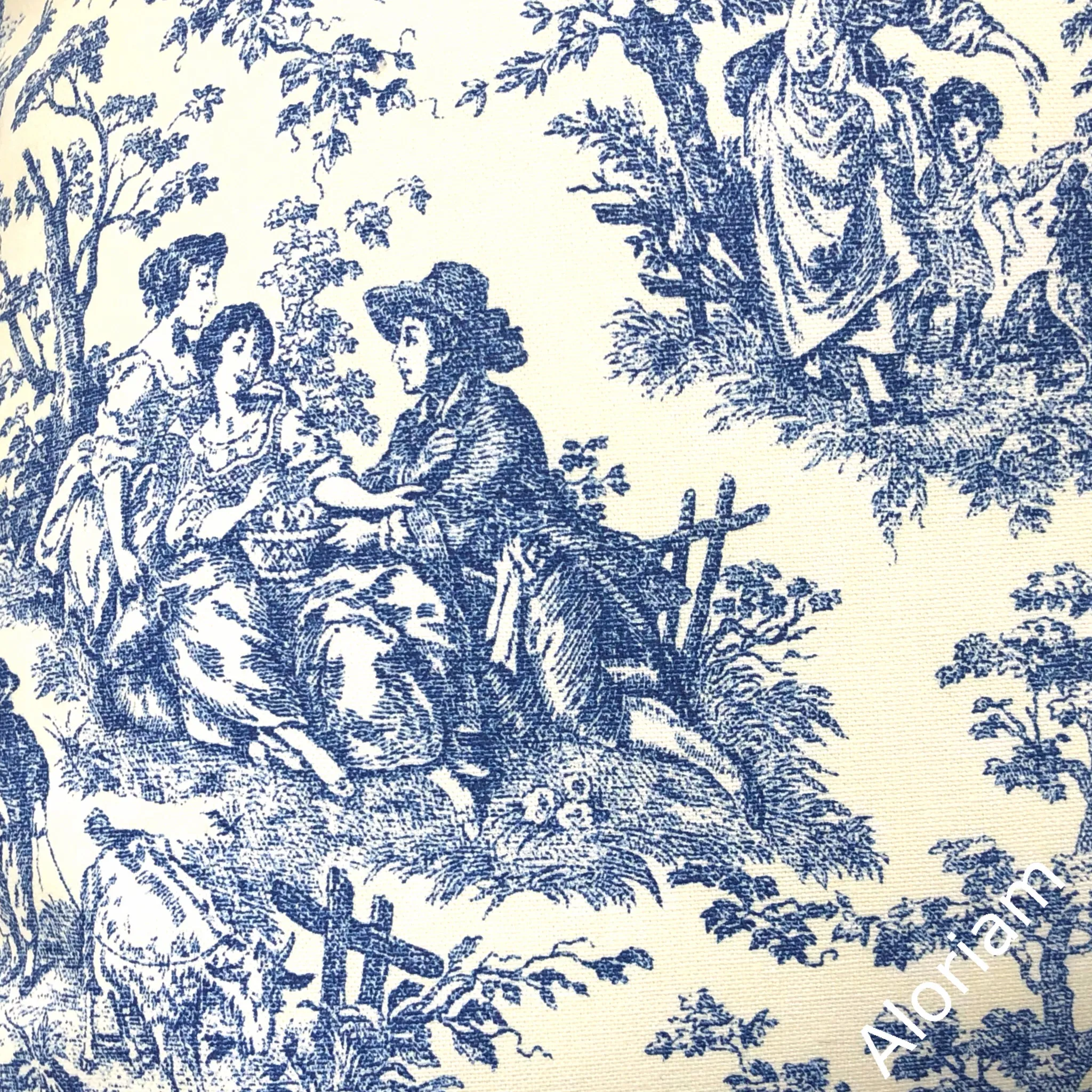 French Country Cream Blue Toile Print Pillow Cover