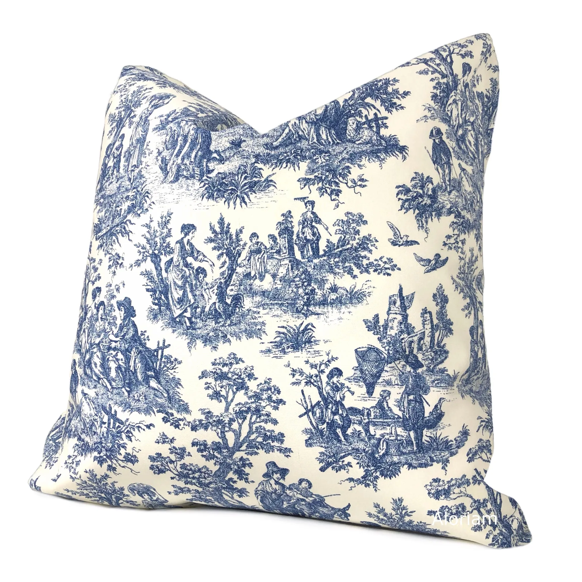 French Country Cream Blue Toile Print Pillow Cover