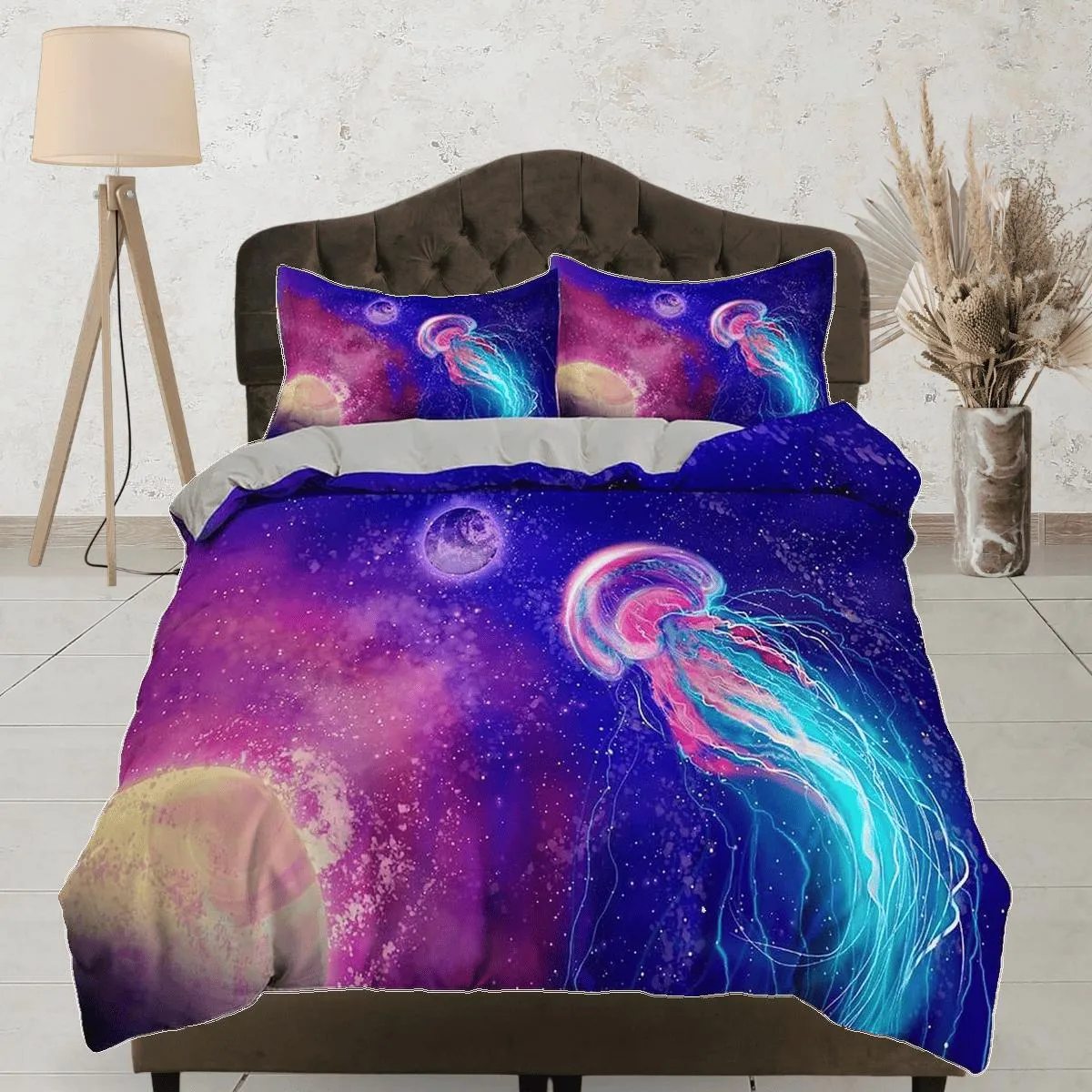 Galaxy jellyfish bedding colorful duvet cover, ocean blush sea animal bedding set full king queen twin crib toddler, dorm bedding gift