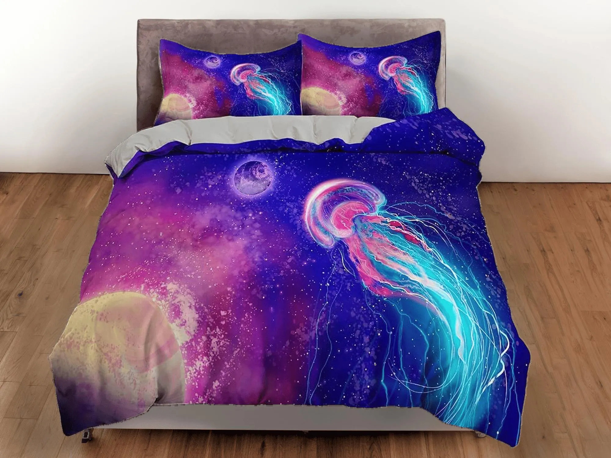 Galaxy jellyfish bedding colorful duvet cover, ocean blush sea animal bedding set full king queen twin crib toddler, dorm bedding gift