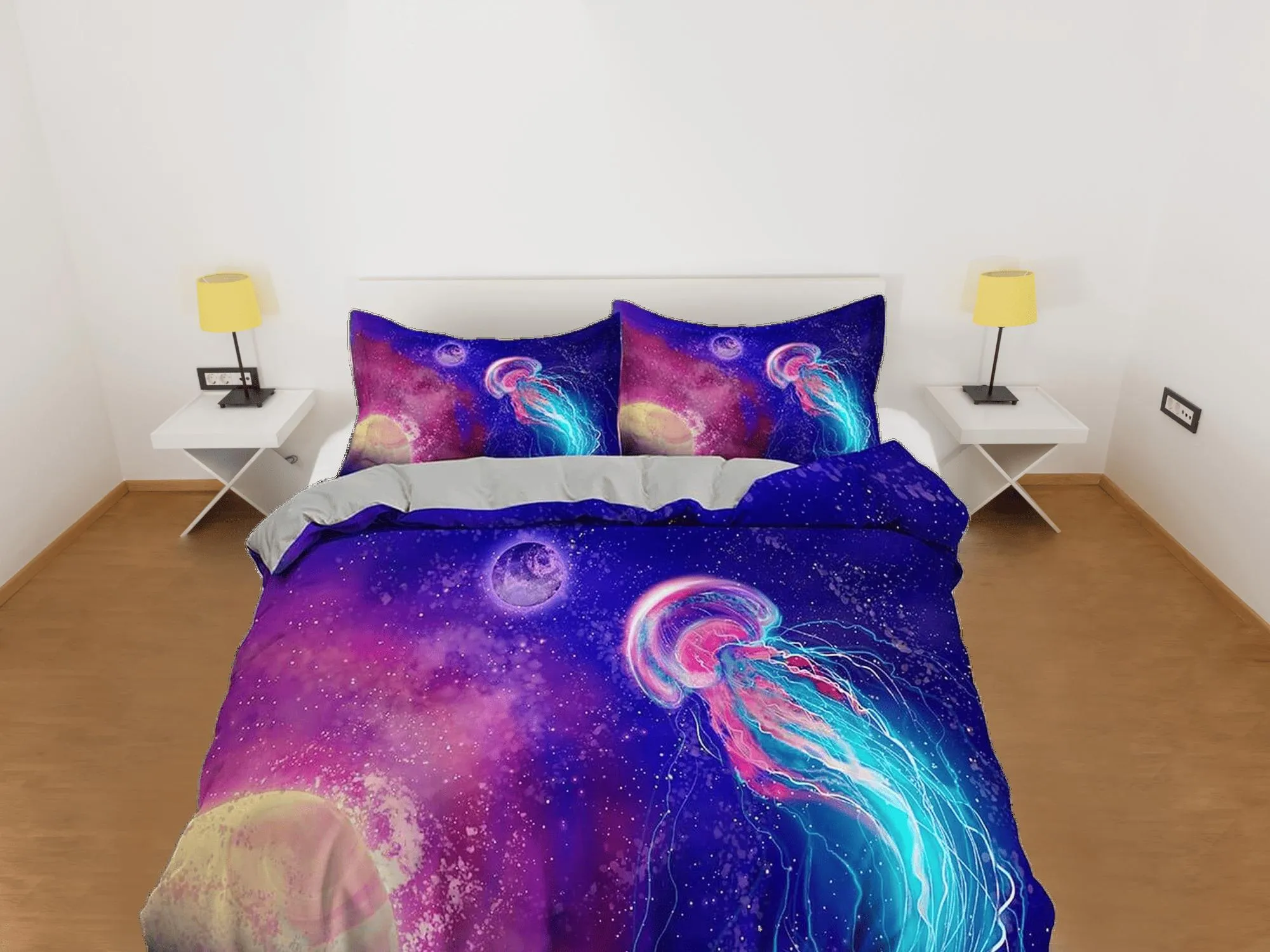 Galaxy jellyfish bedding colorful duvet cover, ocean blush sea animal bedding set full king queen twin crib toddler, dorm bedding gift